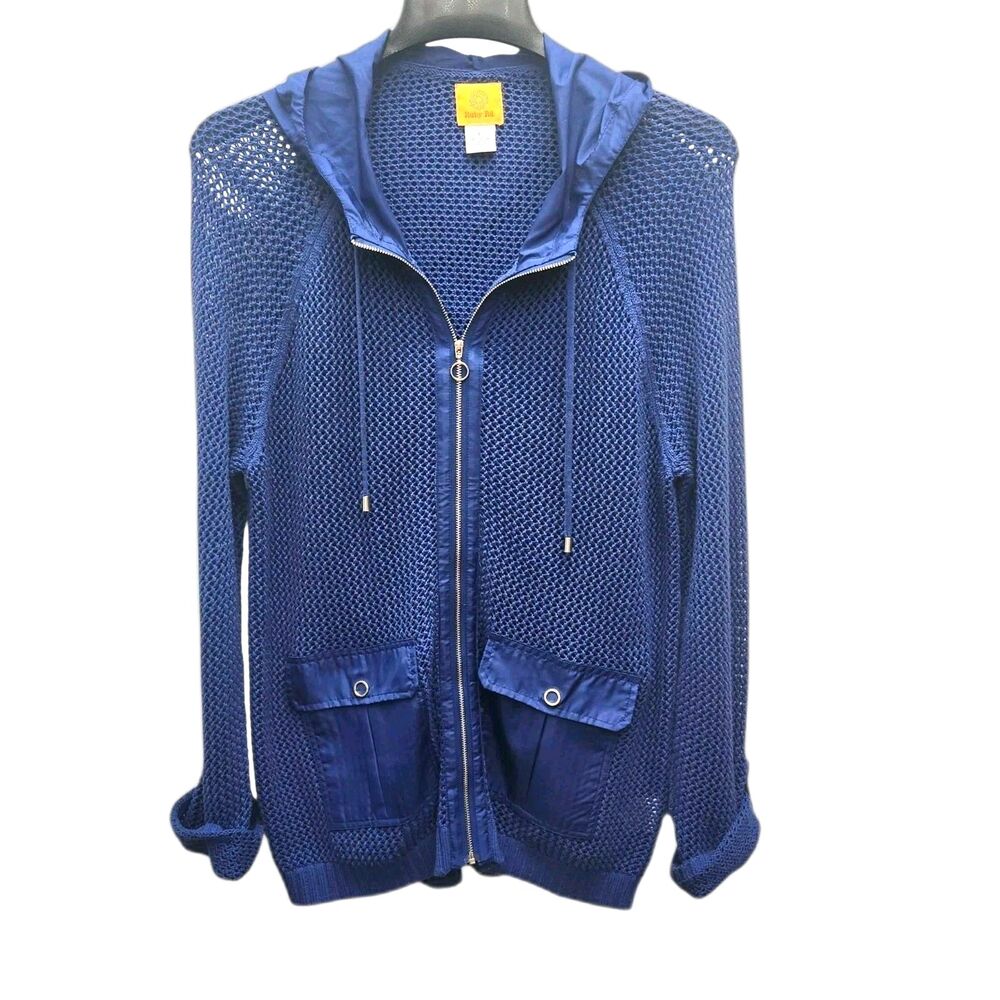 Ruby Rd Netted Mesh Hooded Jacket Cover-Up Womens Large Blue Boho Coastal Chic